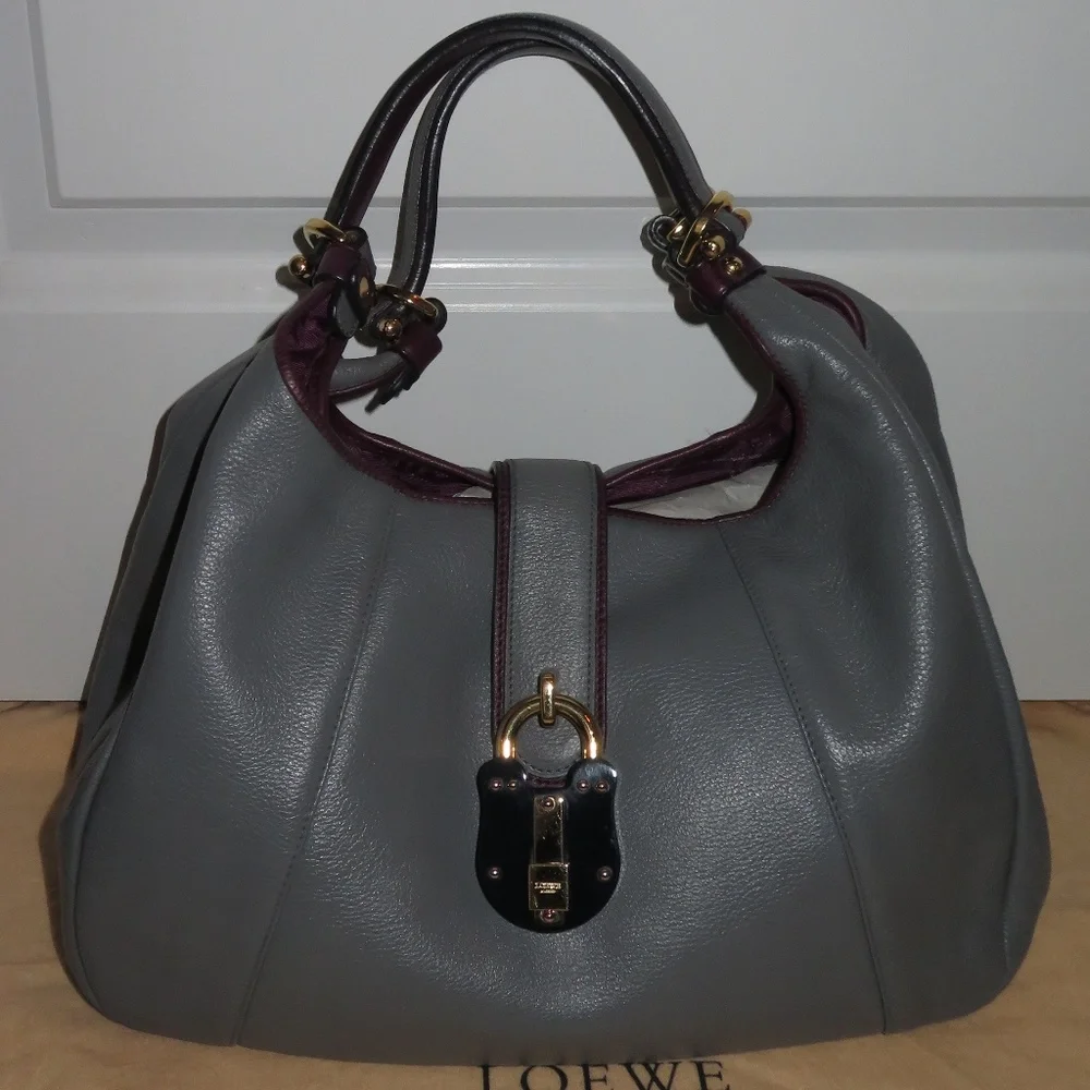 Loewe Calle Grey with Purple Trim Leather Hobo Bag